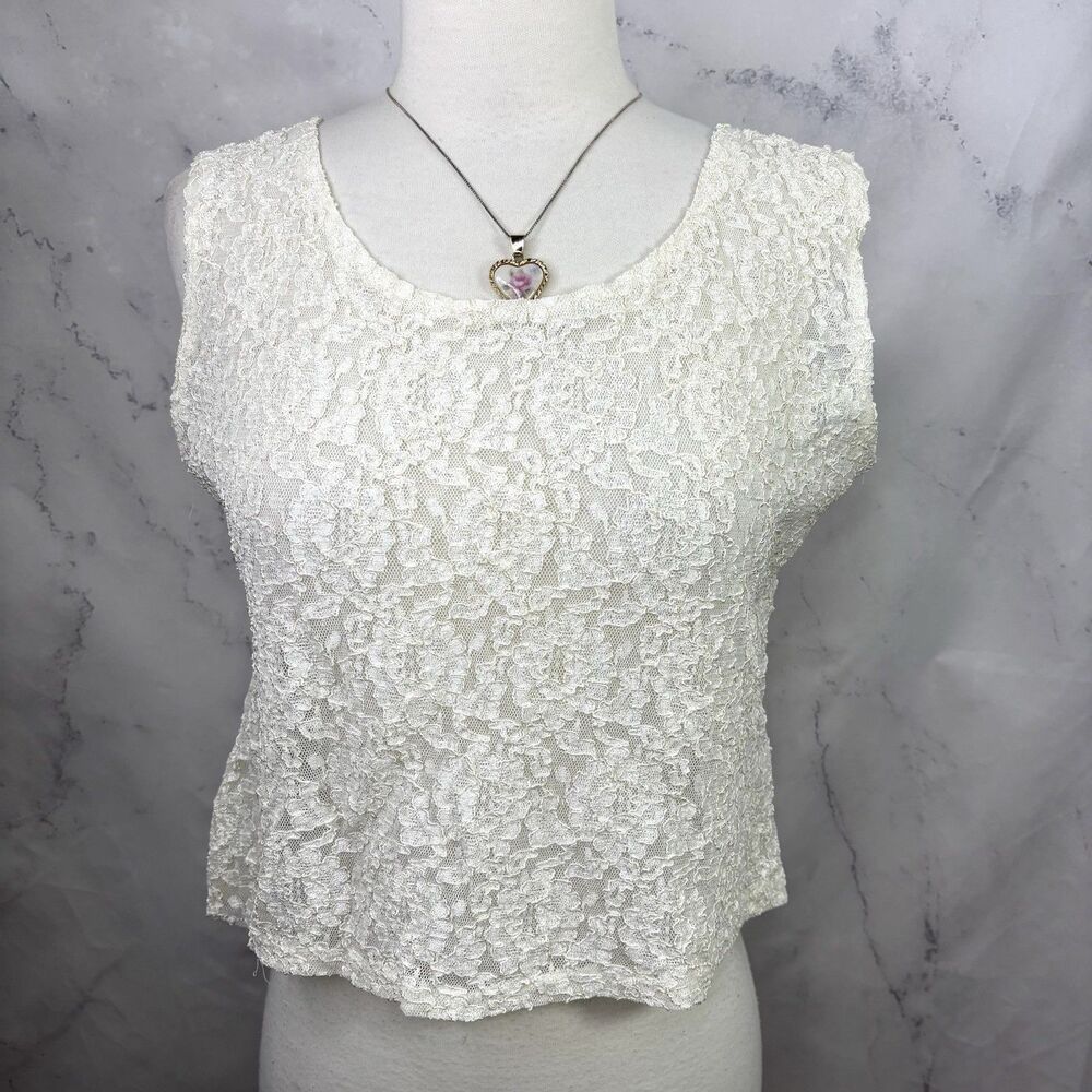 Vintage 90s Y2k Ivory Lace sheer Blouse Womens L Romantic Cottagecore Whimsigoth